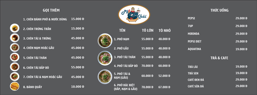Menu Phở Ông Khải - Nguyễn Lương Bằng 1 