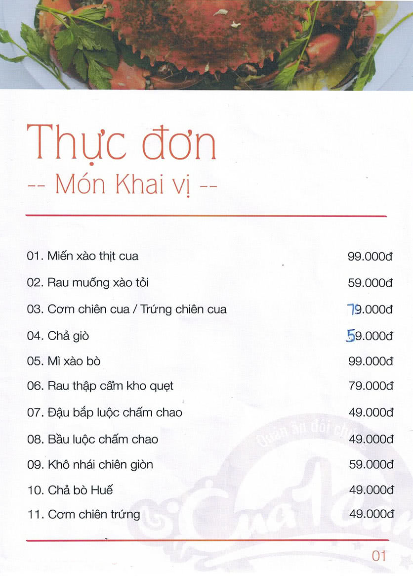 Menu Cua 1 Càng - Nguyễn Oanh 2
